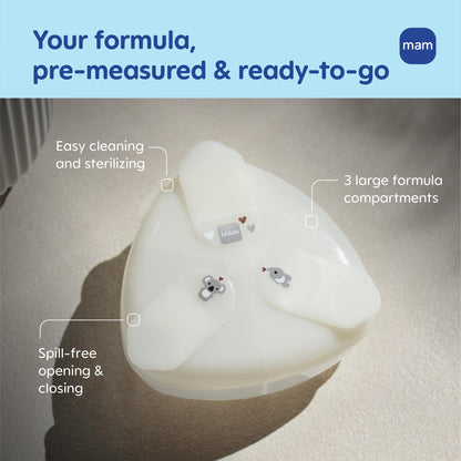MAM milk powder container with snap on lid showing three separate compartments for easy feeding.