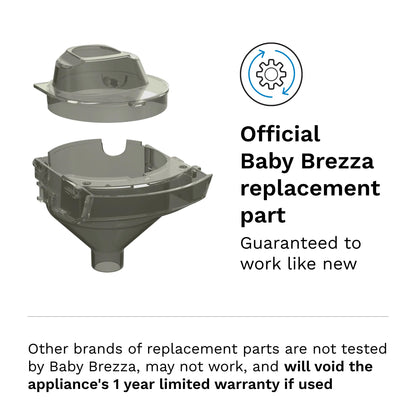 Authentic Baby Brezza formula dispenser replacement parts set showing funnel with matching lid