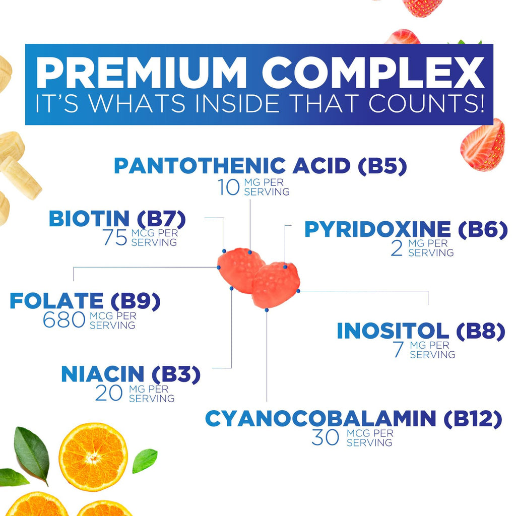 Supplement facts label on Nature's Nutrition B Complex Gummy bottle displaying vitamin B12 and biotin dosage