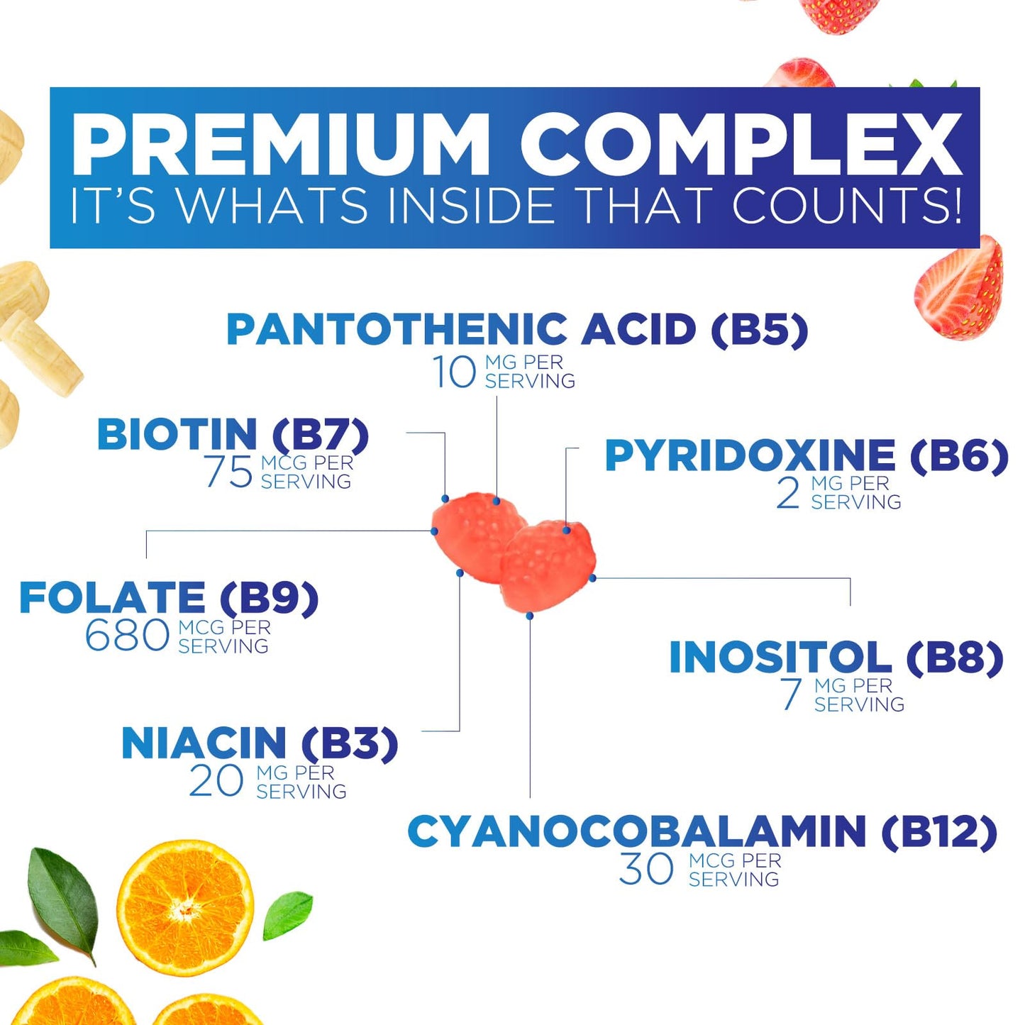 Supplement facts label on Nature's Nutrition B Complex Gummy bottle displaying vitamin B12 and biotin dosage
