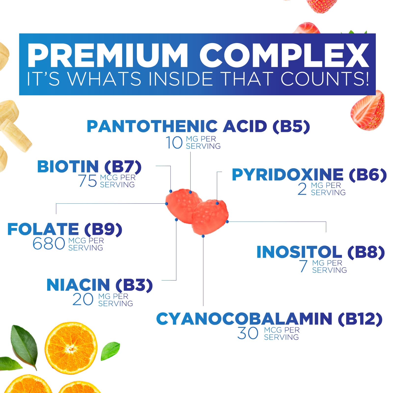 Supplement facts label on Nature's Nutrition B Complex Gummy bottle displaying vitamin B12 and biotin dosage