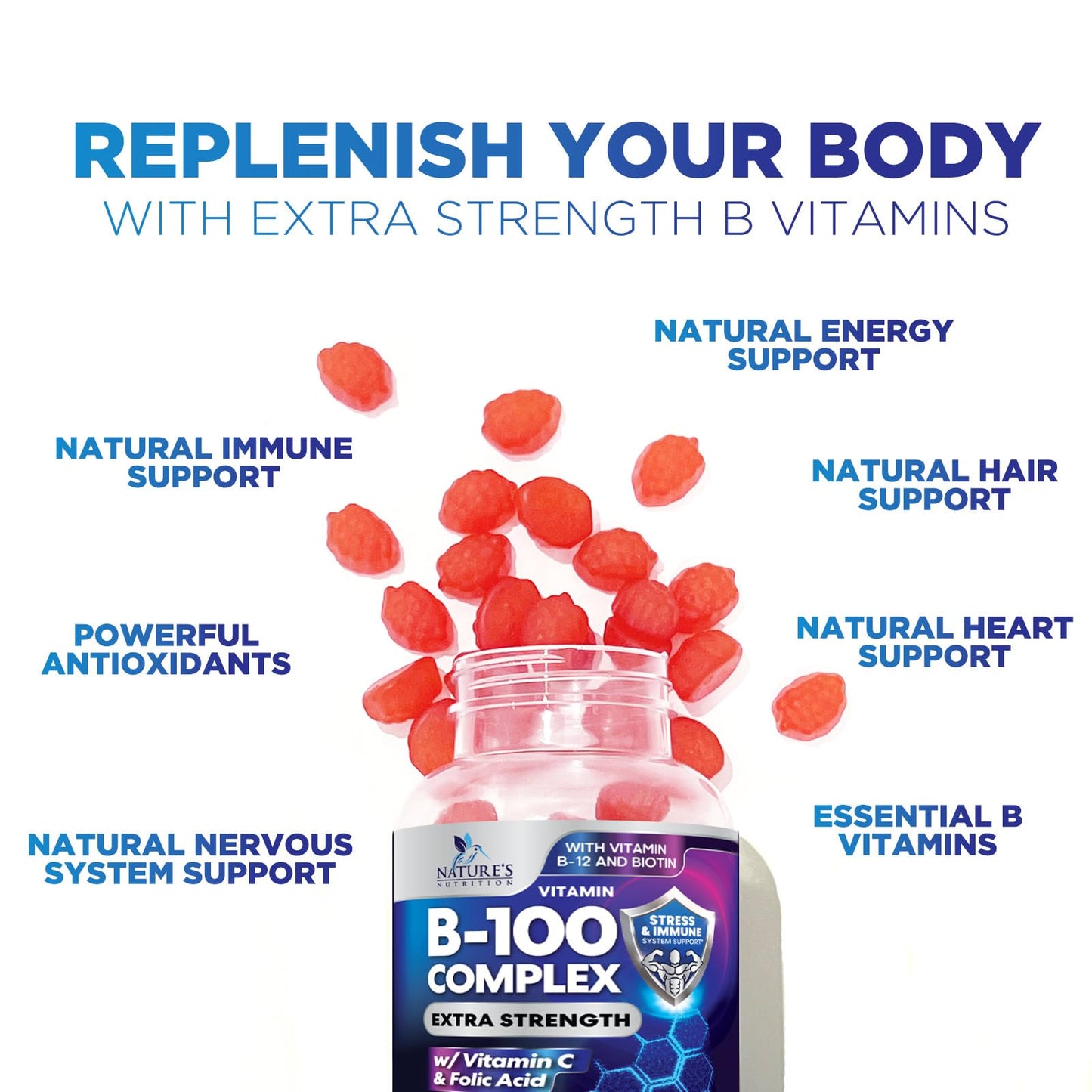 Close up view of authentic Nature's Nutrition strawberry flavored dietary supplement gummies