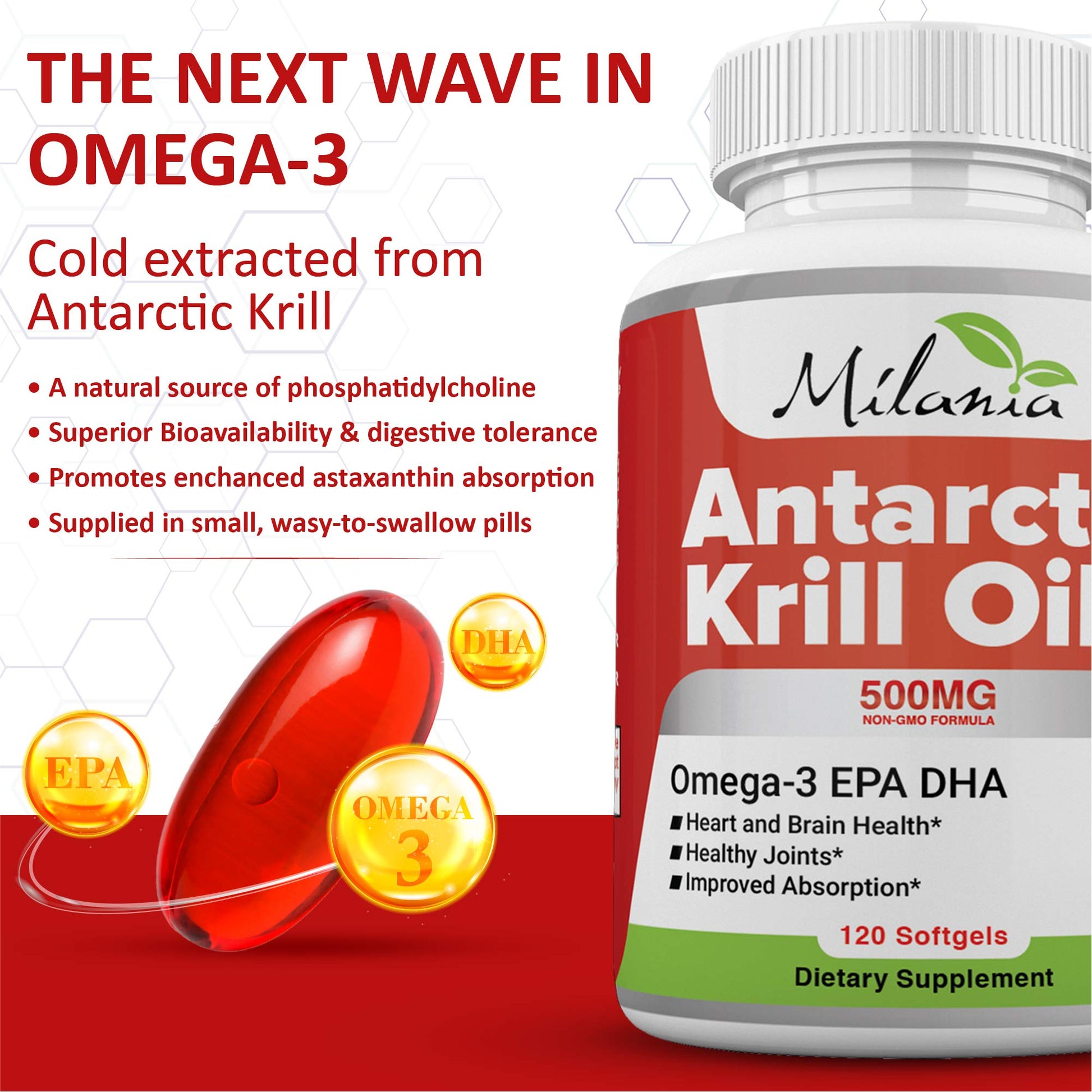 MILANIA red krill oil softgels bottle highlighting EPA DHA and astaxanthin ingredients