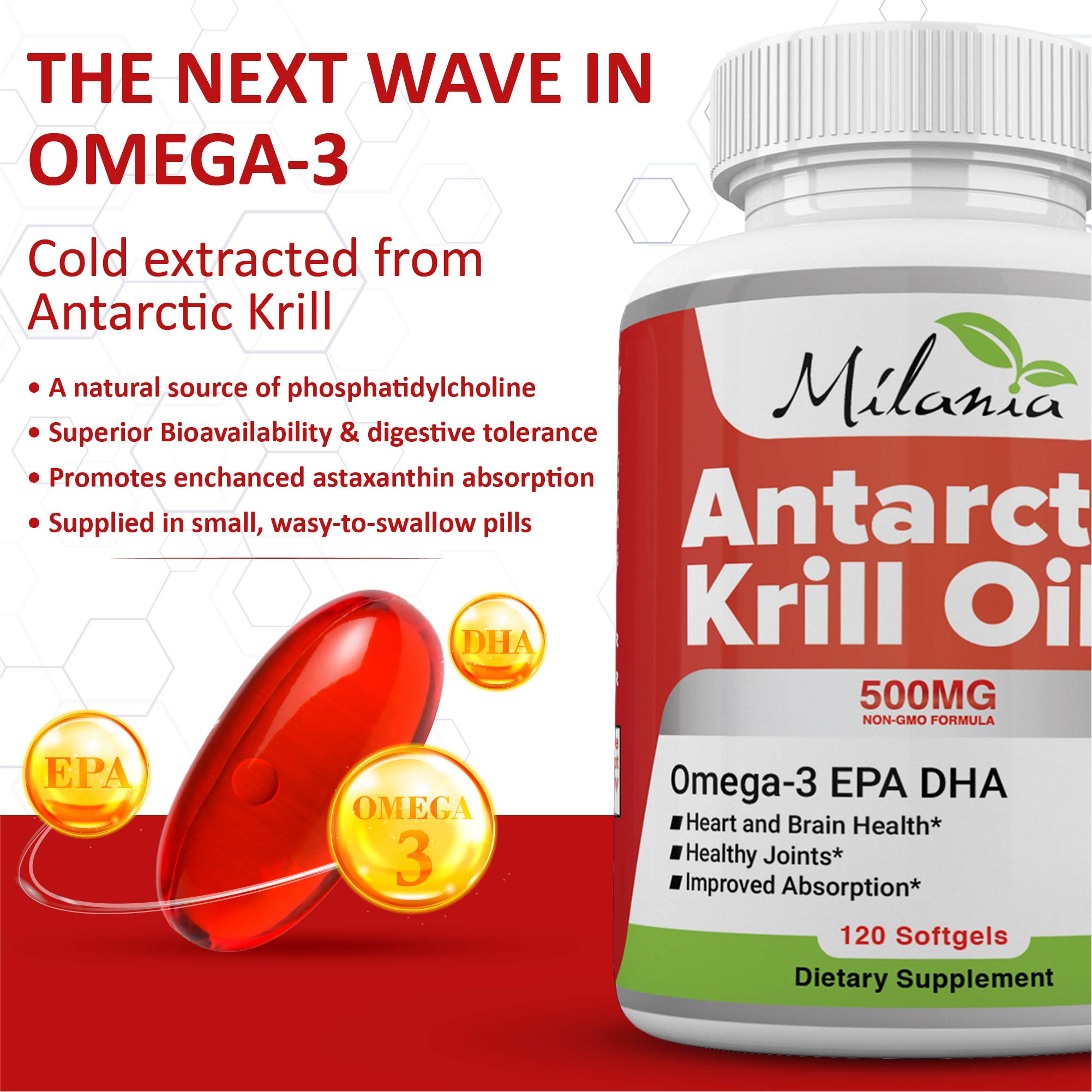 MILANIA red krill oil softgels bottle highlighting EPA DHA and astaxanthin ingredients