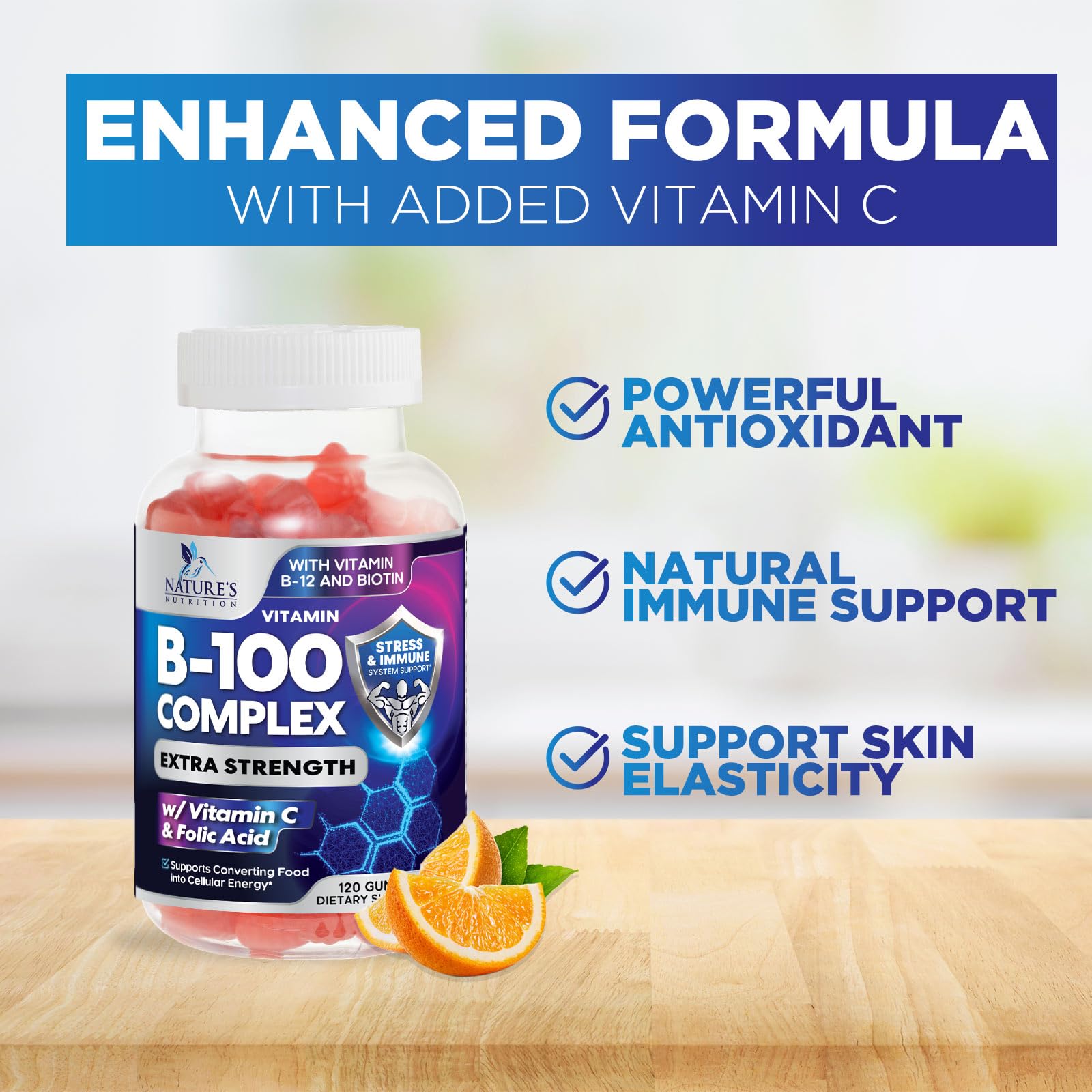 Nature's Nutrition Vitamin B Complex bottle highlighting the immune support and natural pectin formula