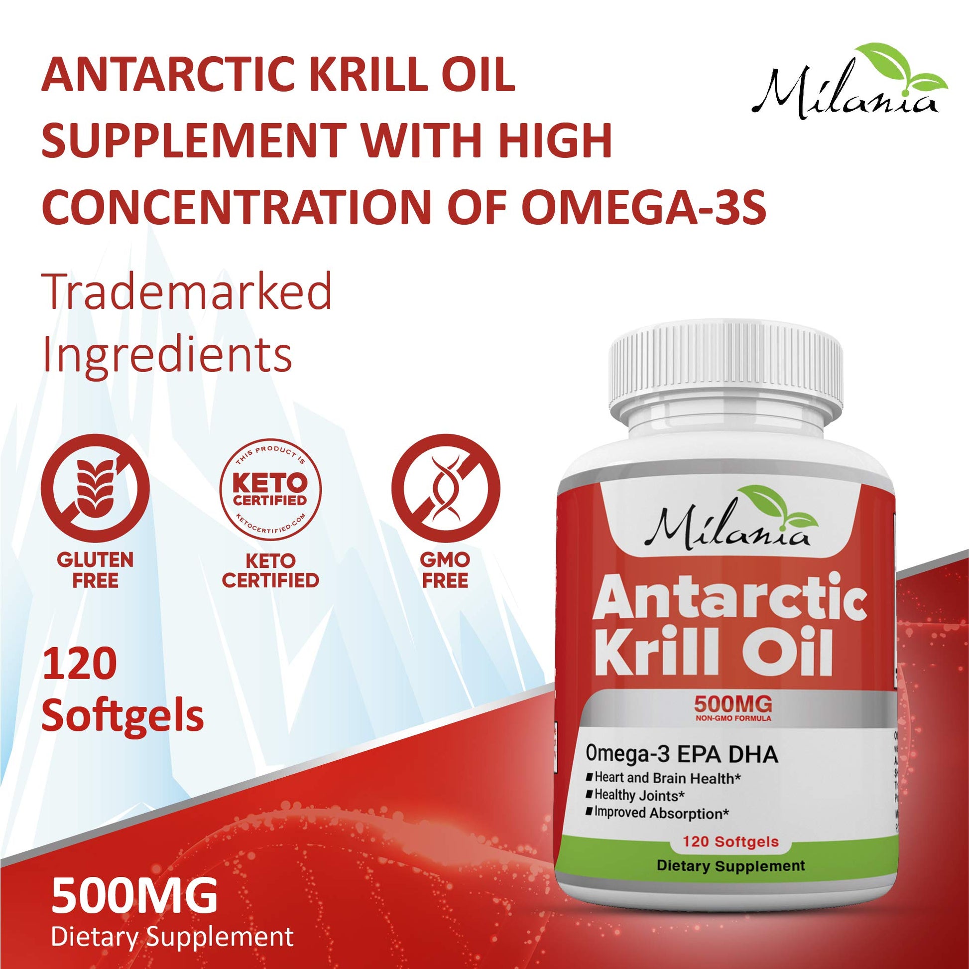 Back label of MILANIA Antarctic krill oil 120 softgels showing supplement facts and usage instructions