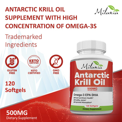 Back label of MILANIA Antarctic krill oil 120 softgels showing supplement facts and usage instructions