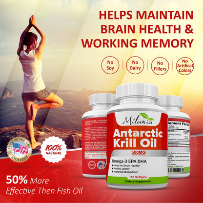 Premium MILANIA krill oil bottle showcasing phospholipid complex for superior joint and heart health