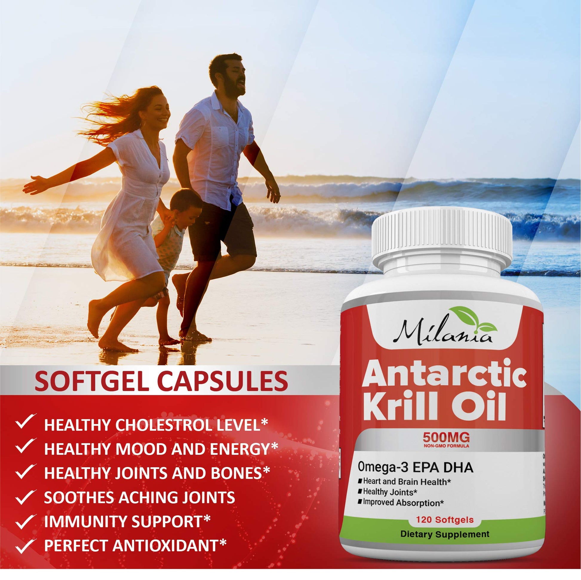 USA imported MILANIA Antarctic krill oil dietary supplement bottle displaying non GMO validation