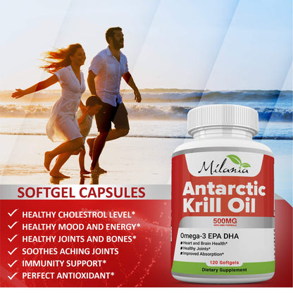 USA imported MILANIA Antarctic krill oil dietary supplement bottle displaying non GMO validation