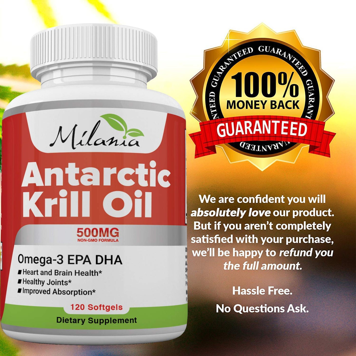 Side view of MILANIA krill oil 500 milligram packaging emphasizing antioxidant astaxanthin content