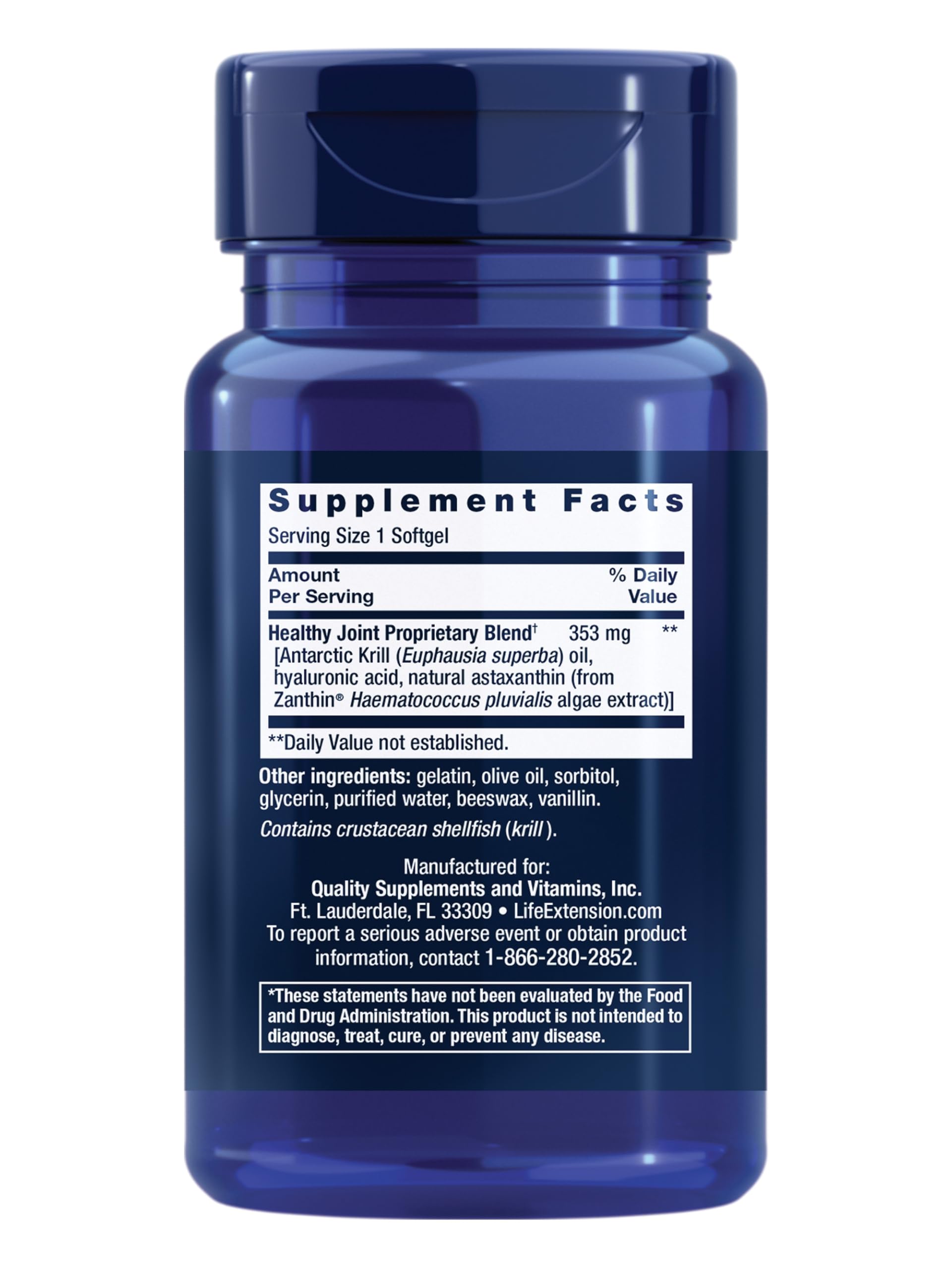 Life Extension joint mobility supplement packaging displaying supplement facts panel