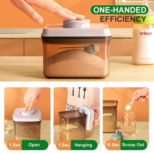 Ankou light shielded milk powder dispenser top view showing the one button pop up lid mechanism.