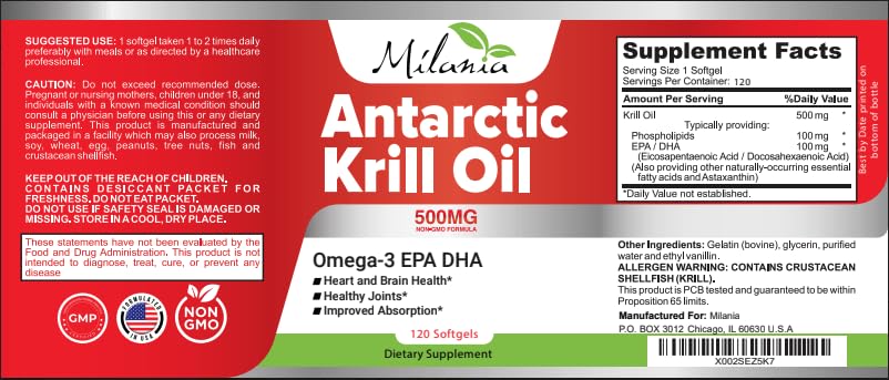 MILANIA premium red krill oil 120 easy to swallow softgels bottle for daily cardiovascular wellness