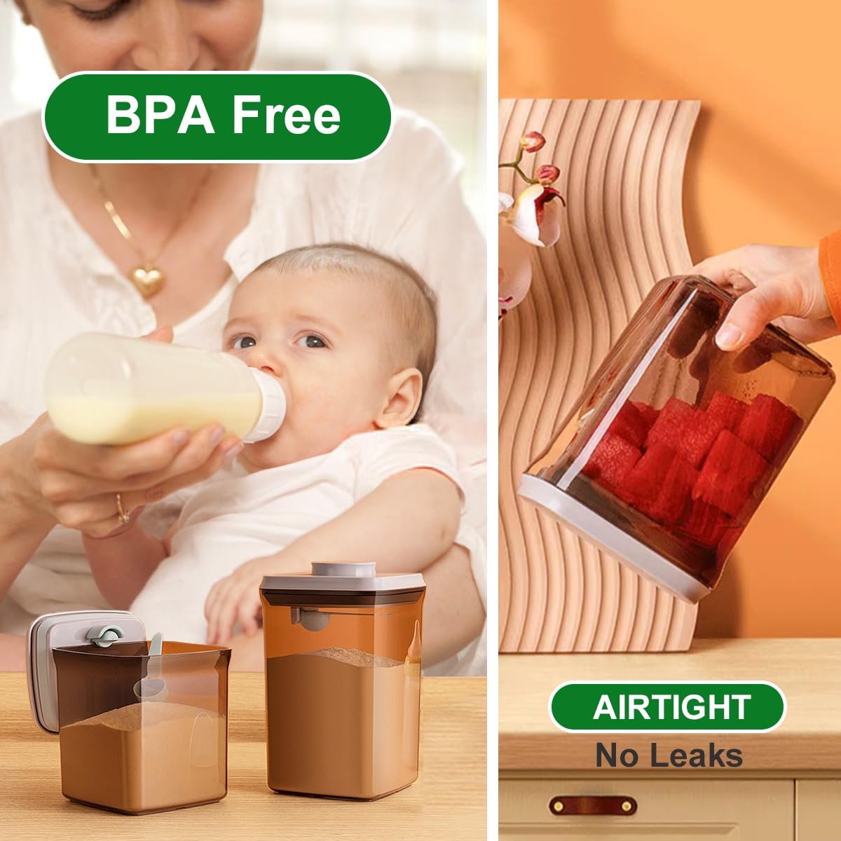 Ankou 400g formula dispenser side view highlighting the airtight silicone seal and dark brown finish.