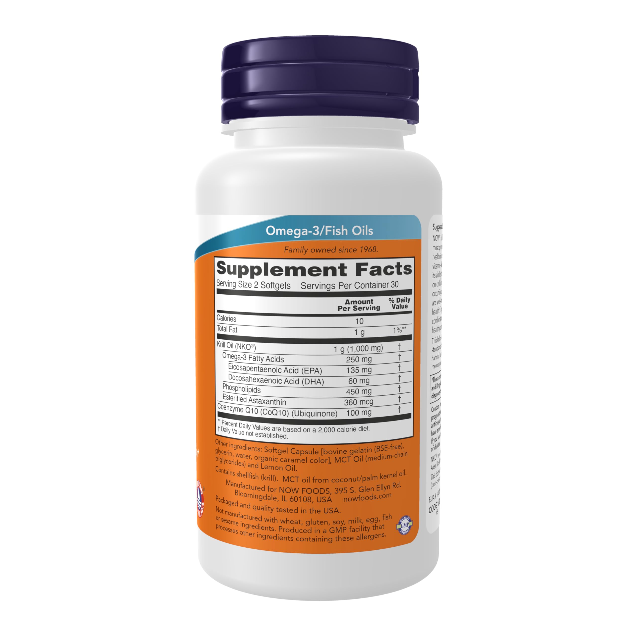 NOW Foods Krill and CoQ10 sixty softgels supplement facts label side view