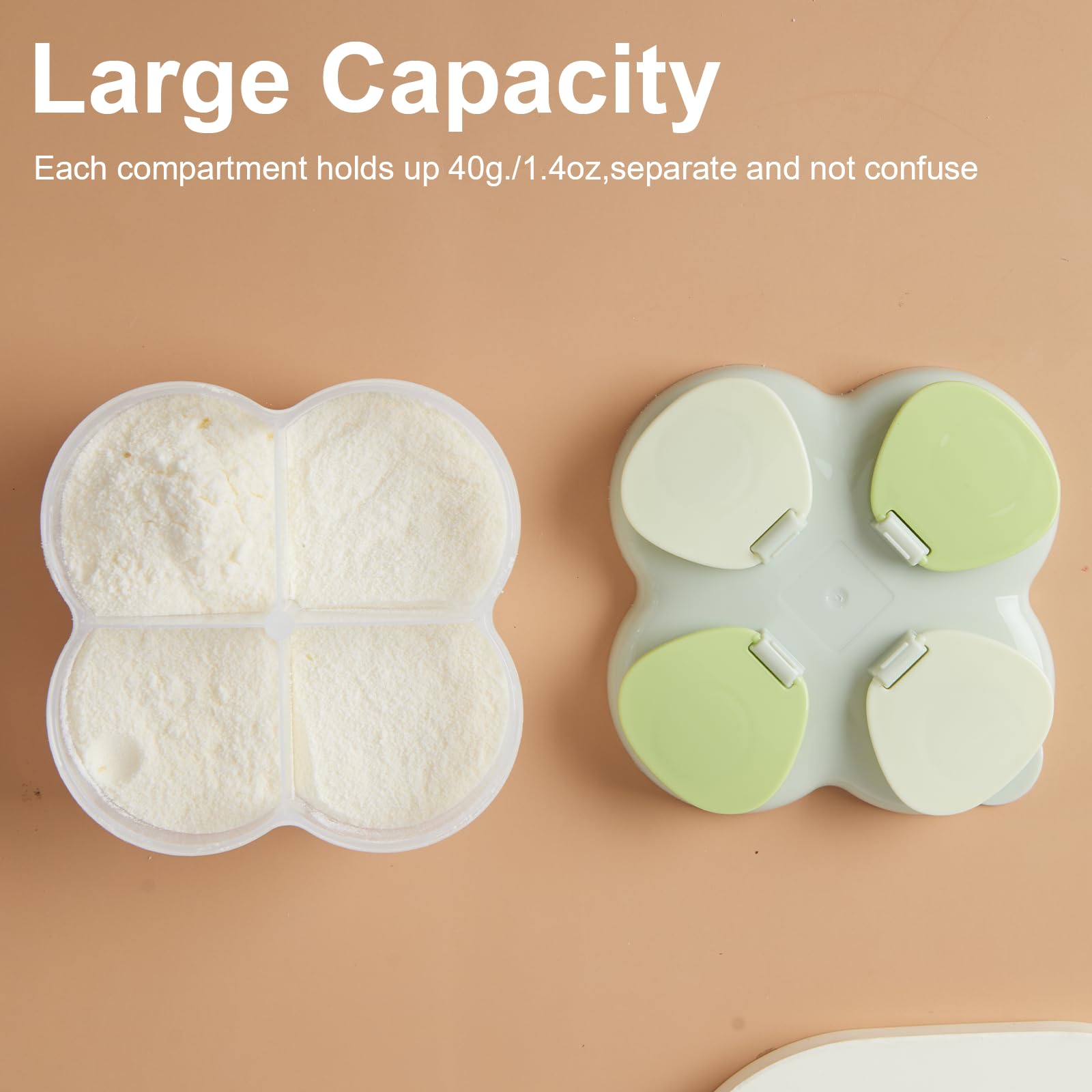Side angle of the green baby milk powder storage box highlighting the secure rotating lid.
