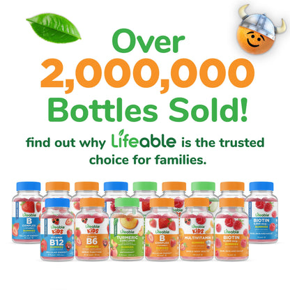 Lifeable Kids Vitamin B complex bottle with non GMO and Kosher seals.