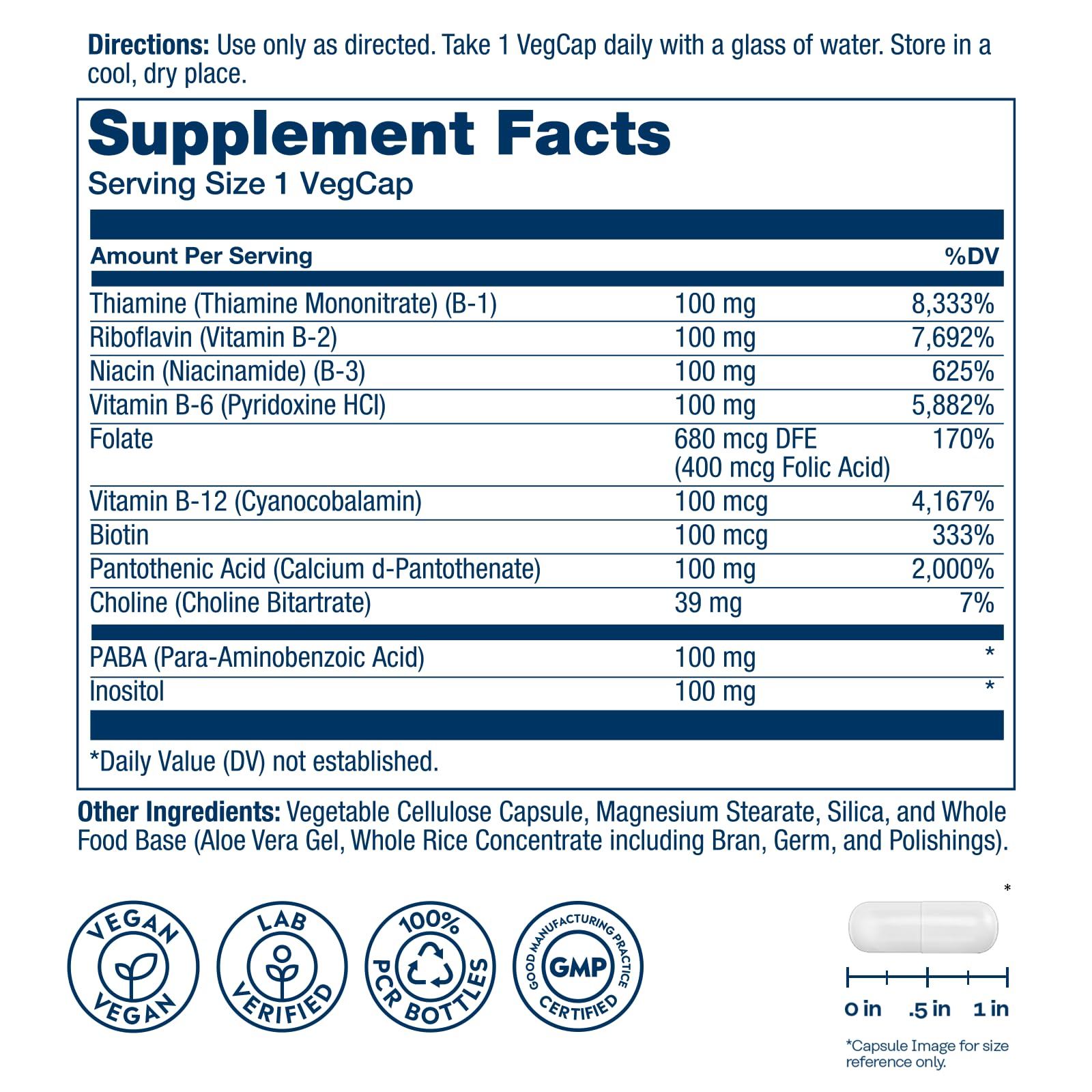 Solaray Vitamin B Complex supplement facts label showing full list of essential B vitamins