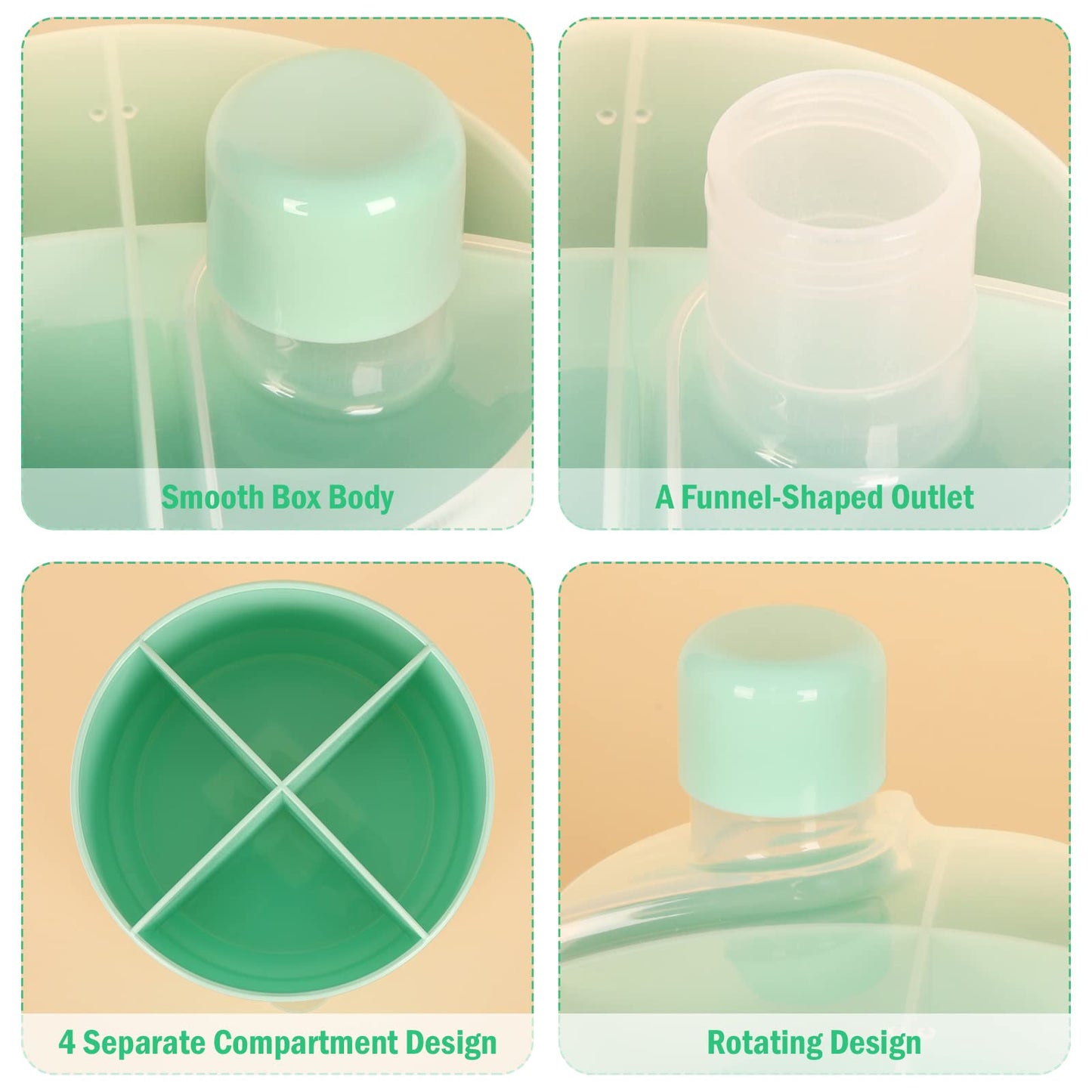 Accmor milk powder storage container with funnel outlet pouring into a baby bottle.