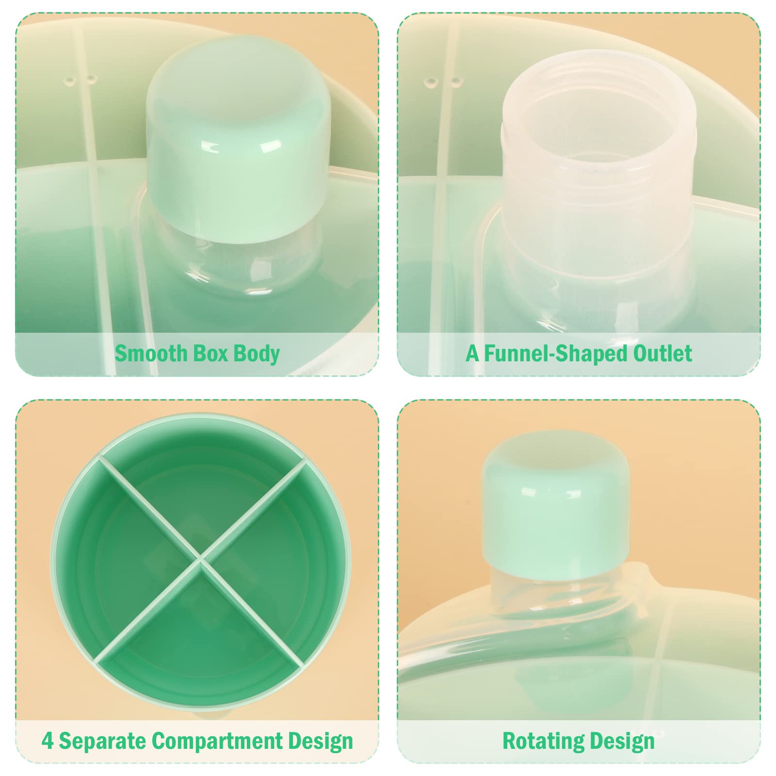 Accmor milk powder storage container with funnel outlet pouring into a baby bottle.