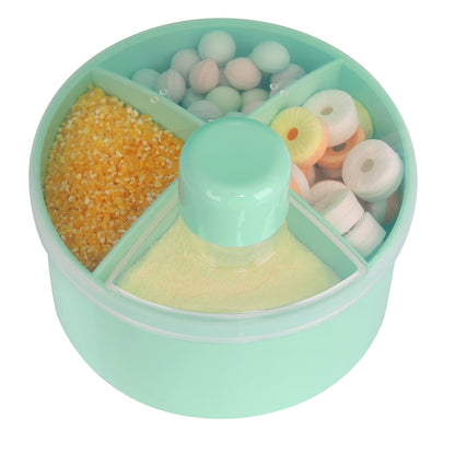 BPA-free Accmor formula container disassembled to showcase the four separate compartments.