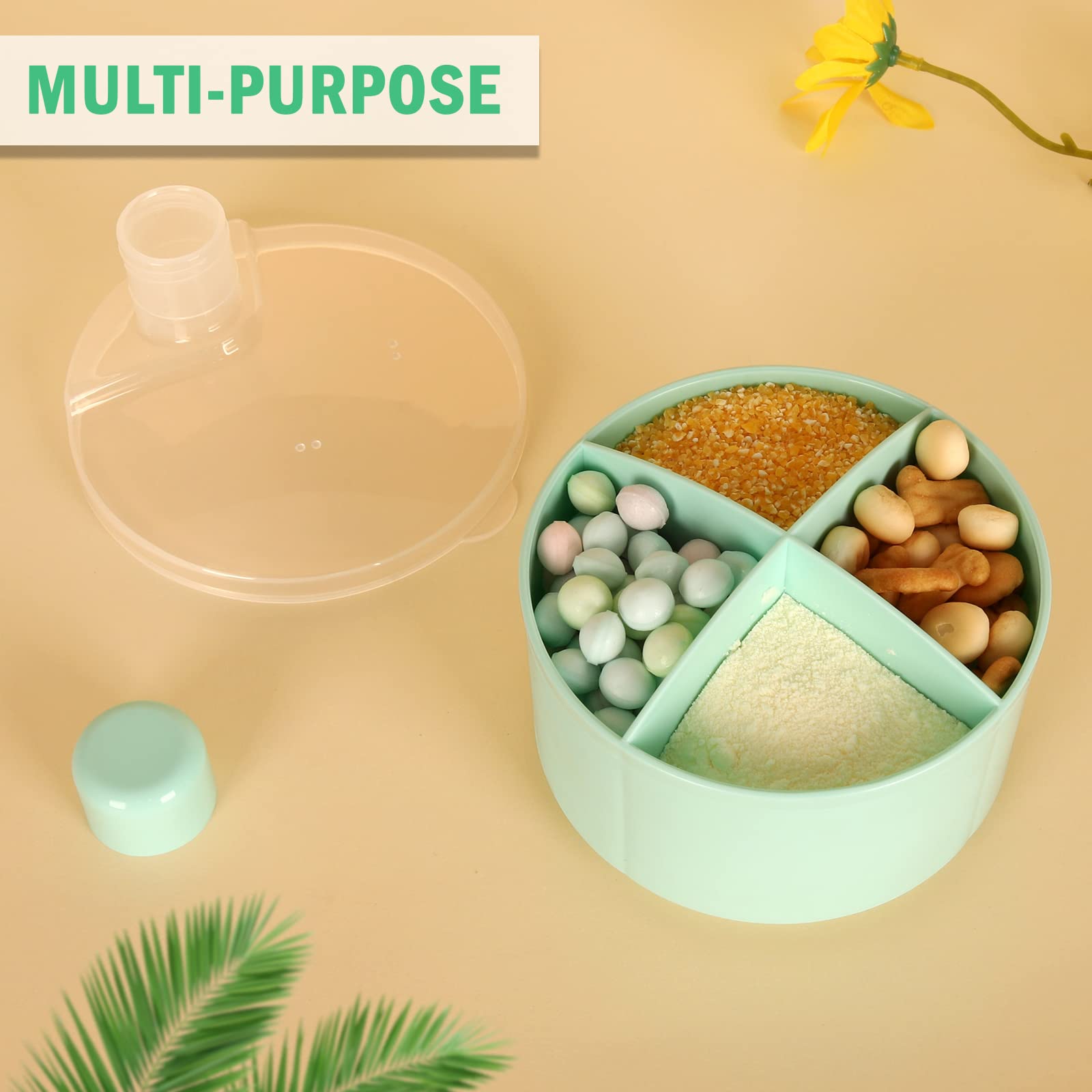 Accmor non-spill travel storage box filled with baby snacks and milk powder.