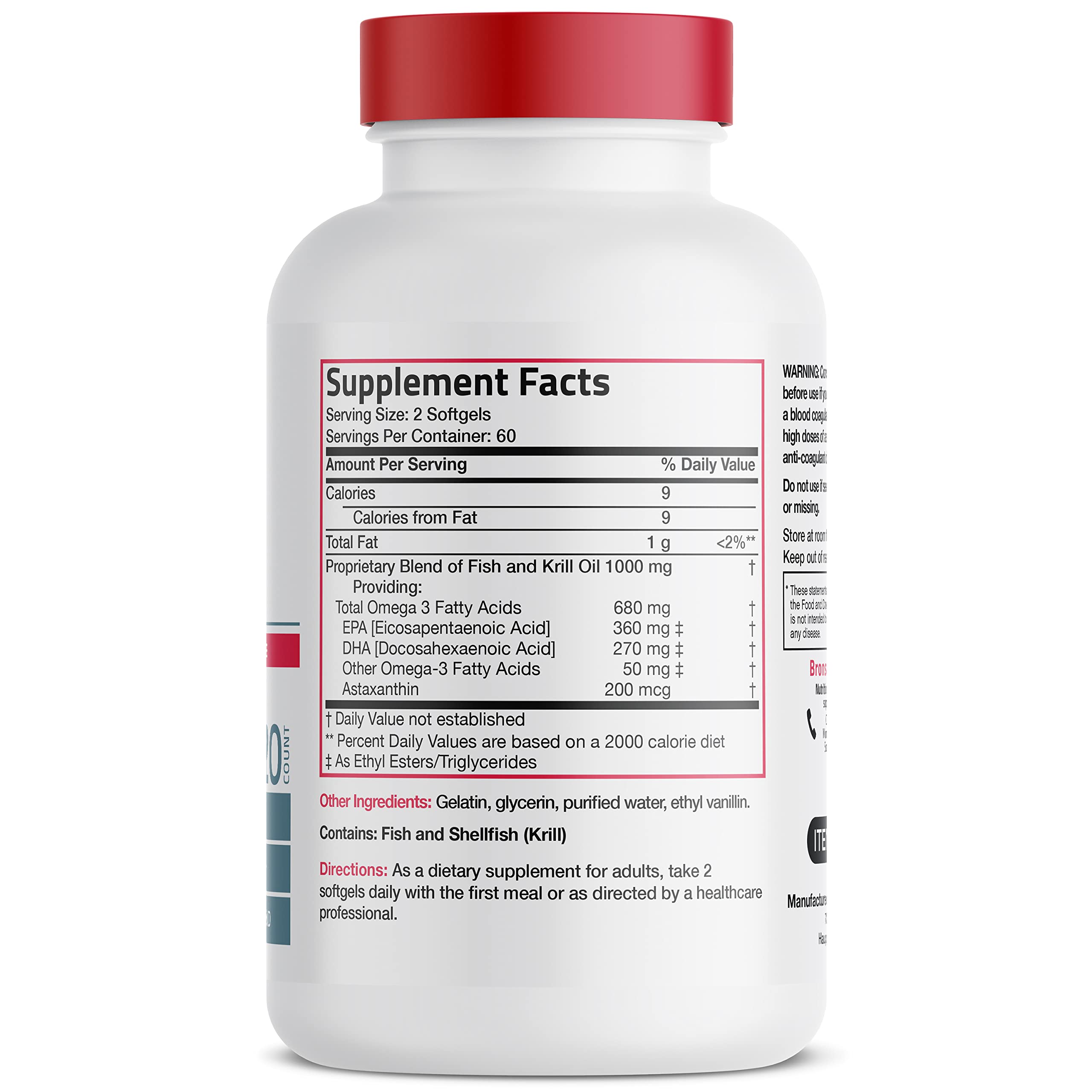Bronson premium fish plus krill oil dietary supplement label displaying EPA DHA and astaxanthin nutritional facts.