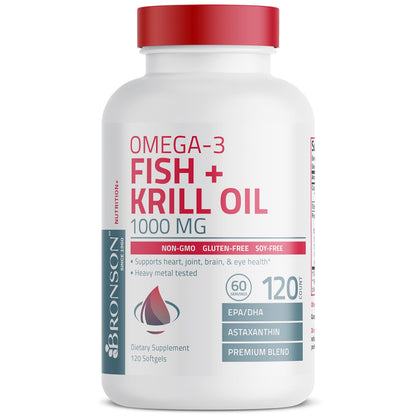 Authentic USA imported Bronson fish and krill oil 120 softgels pack for heart and joint health.