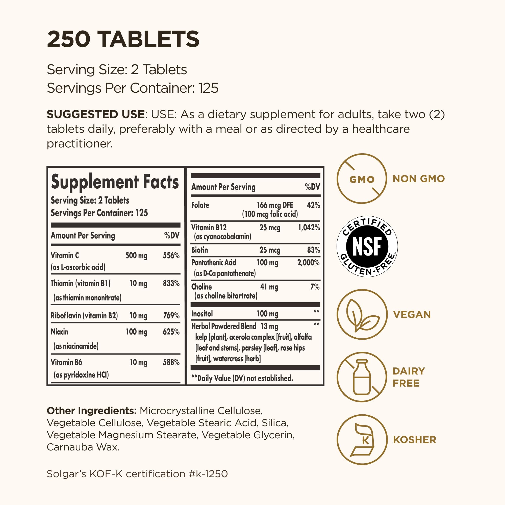 Solgar vegan B complex supplement bottle showing the allergen free and non GMO labels
