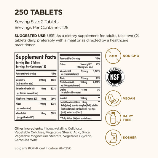 Solgar vegan B complex supplement bottle showing the allergen free and non GMO labels