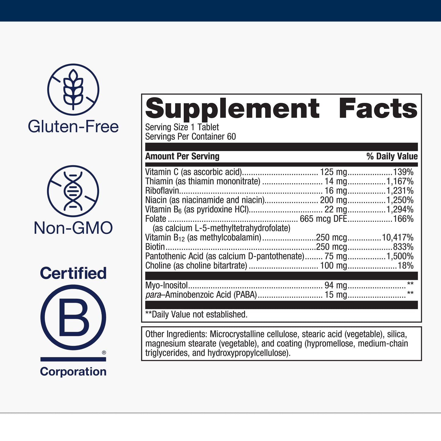 Vegetarian and gluten free B complex vitamins by Metagenics showing ingredient profile