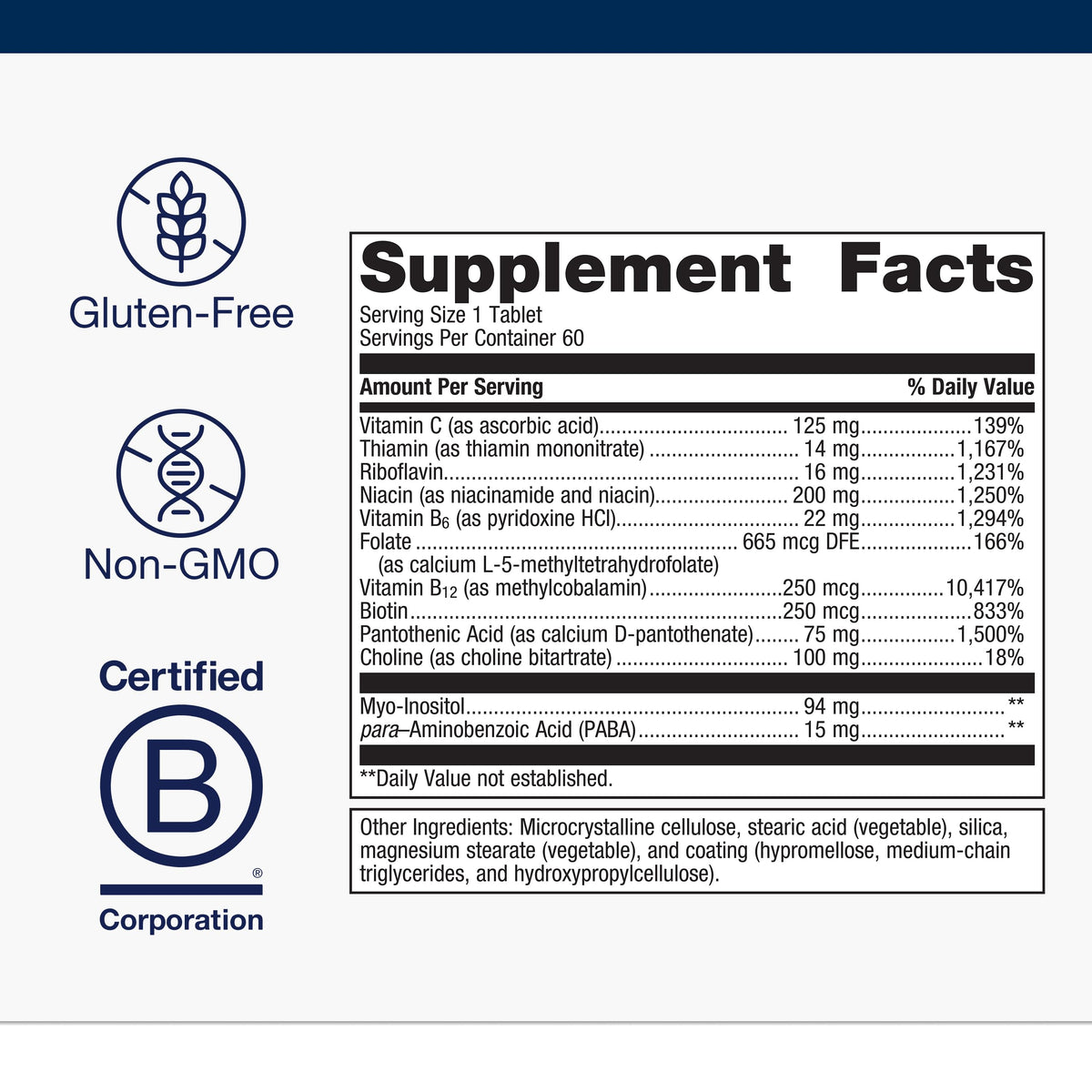 Vegetarian and gluten free B complex vitamins by Metagenics showing ingredient profile