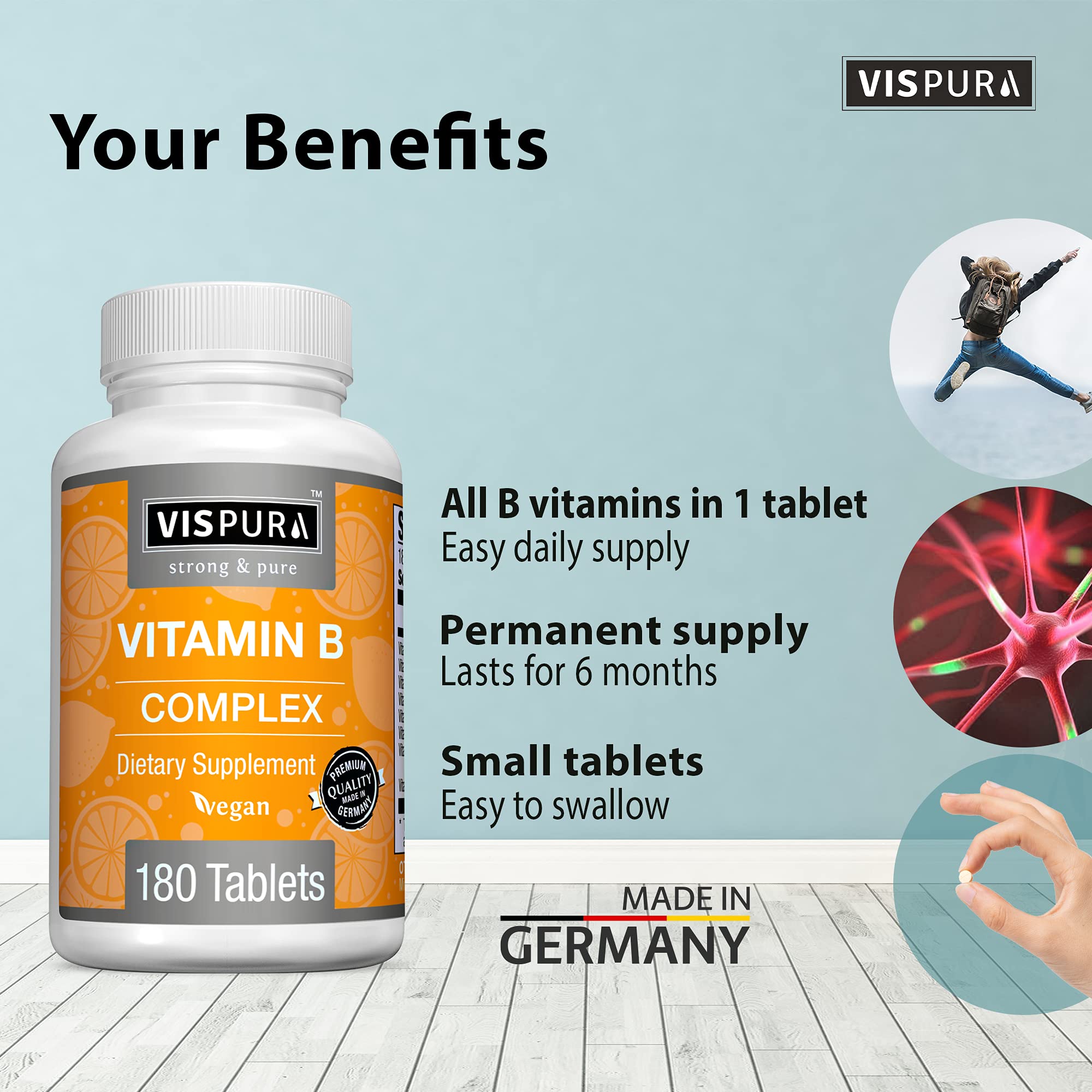 Vispura complete B vitamins supplement showing energy and immune support benefits.