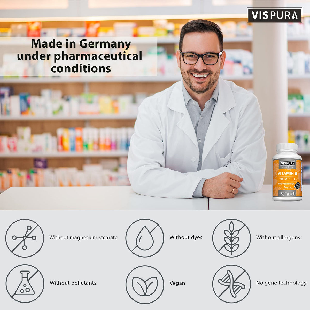Side label of Vispura Vitamin B-Complex detailing full list of eight essential B vitamins.