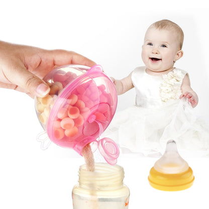 BPA free Accmor milk powder dispenser being held to demonstrate portable travel size for diaper bags.