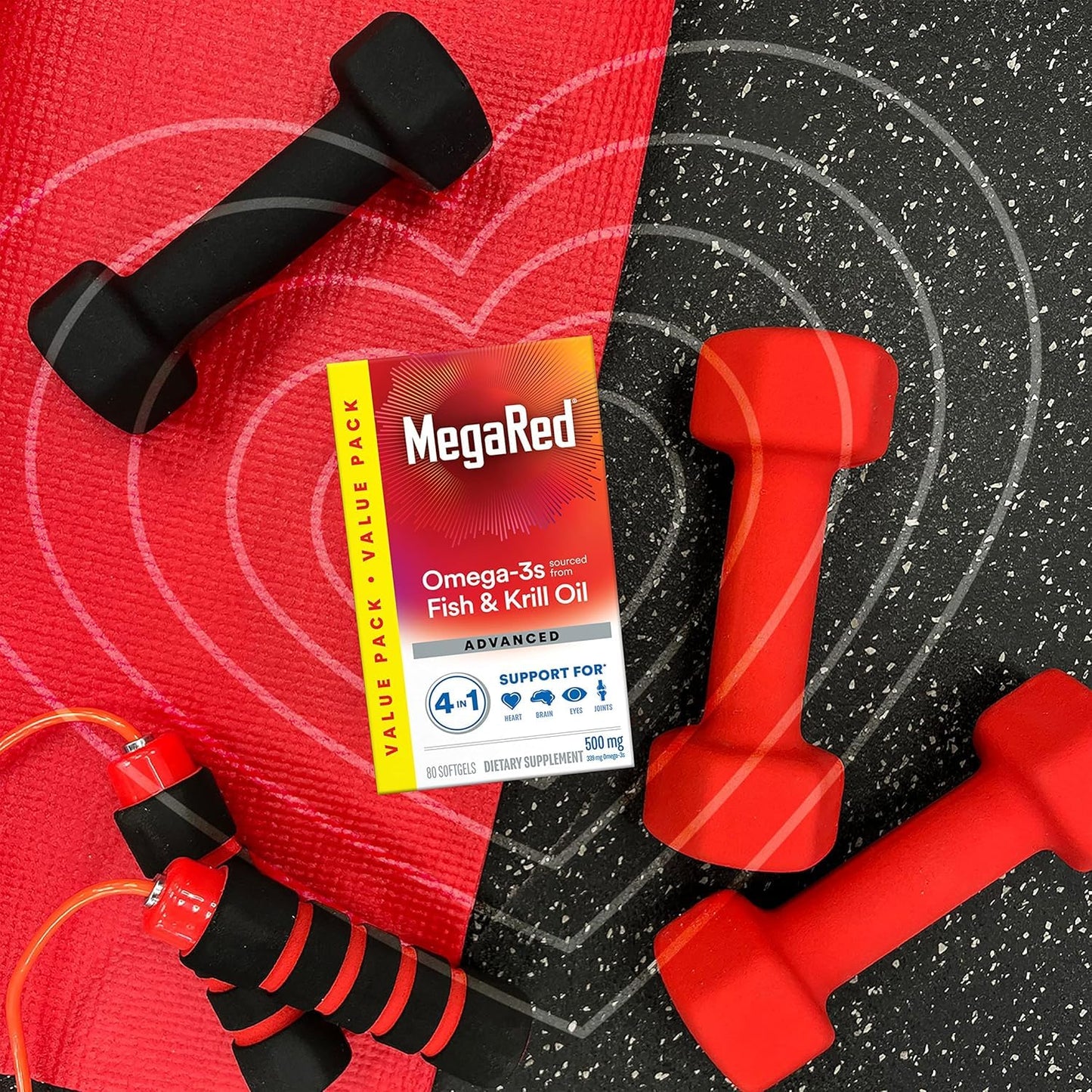 MegaRed 500mg Omega 3 supplement capsules poured on a flat surface demonstrating the compact size and clear purity of the softgel