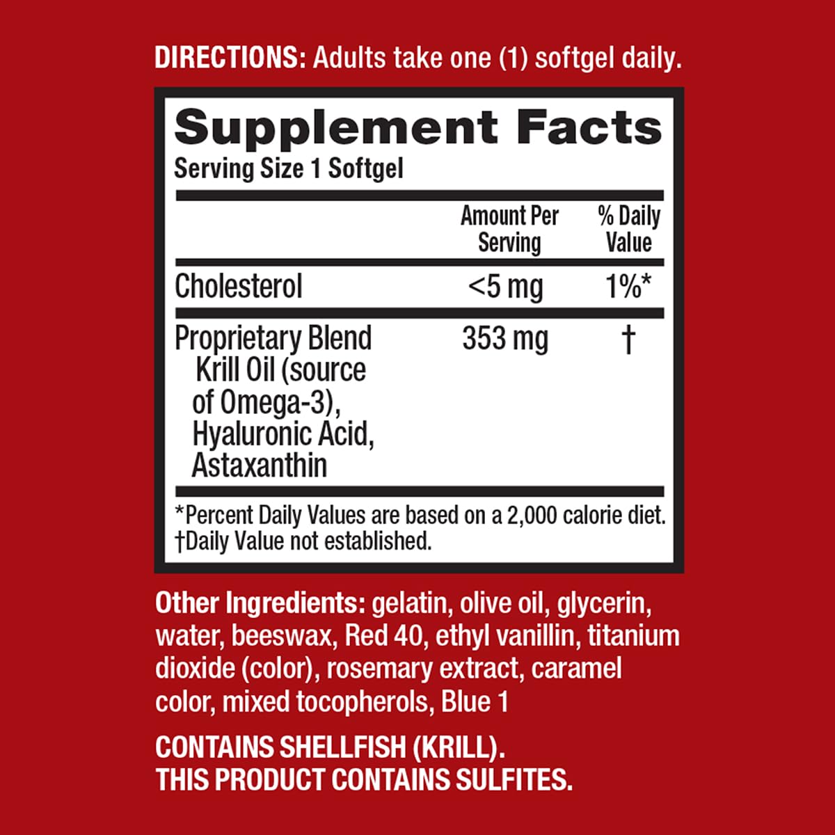 Nutritional information and dosage directions on Schiff MegaRed supplement bottle.