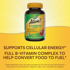 Side view of Nature's Way Alive B complex dietary supplement bottle highlighting the orchard fruits and garden veggies blend.