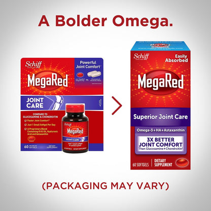 Side view of Schiff MegaRed sixty softgels dietary supplement packaging.