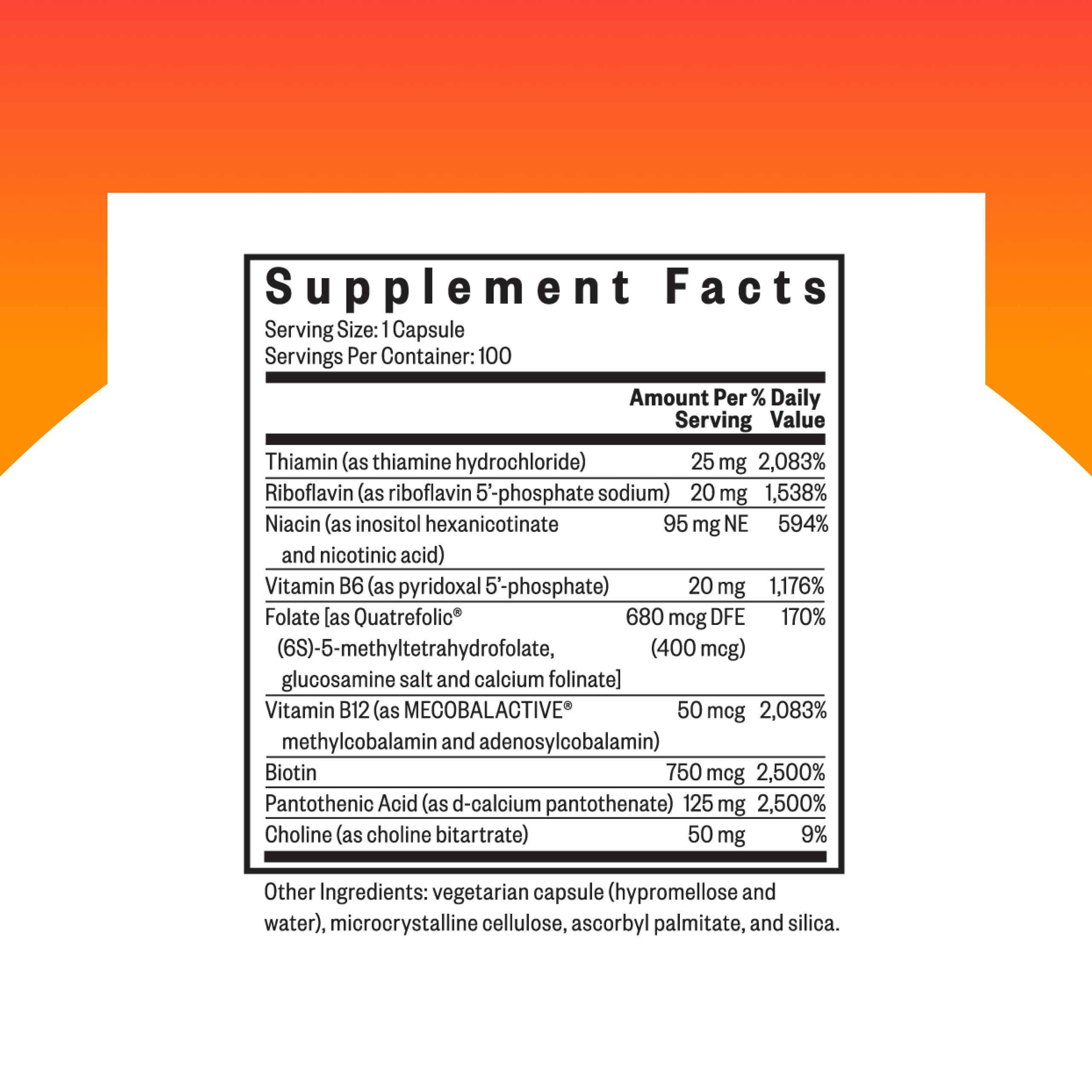 Seeking Health B Complex Plus dietary supplement side label detailing active coenzymated ingredients.