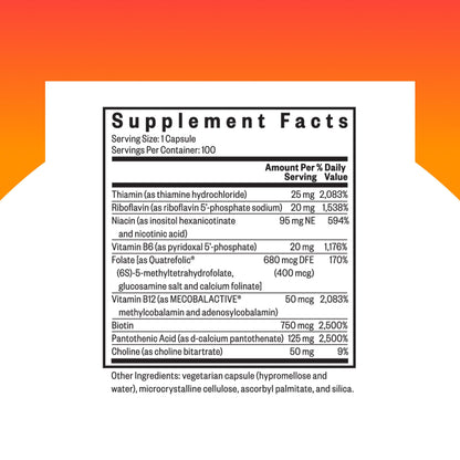Seeking Health B Complex Plus dietary supplement side label detailing active coenzymated ingredients.