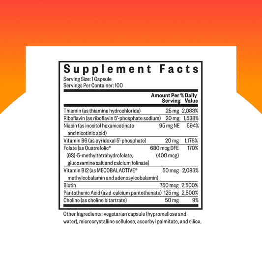 Seeking Health B Complex Plus dietary supplement side label detailing active coenzymated ingredients.