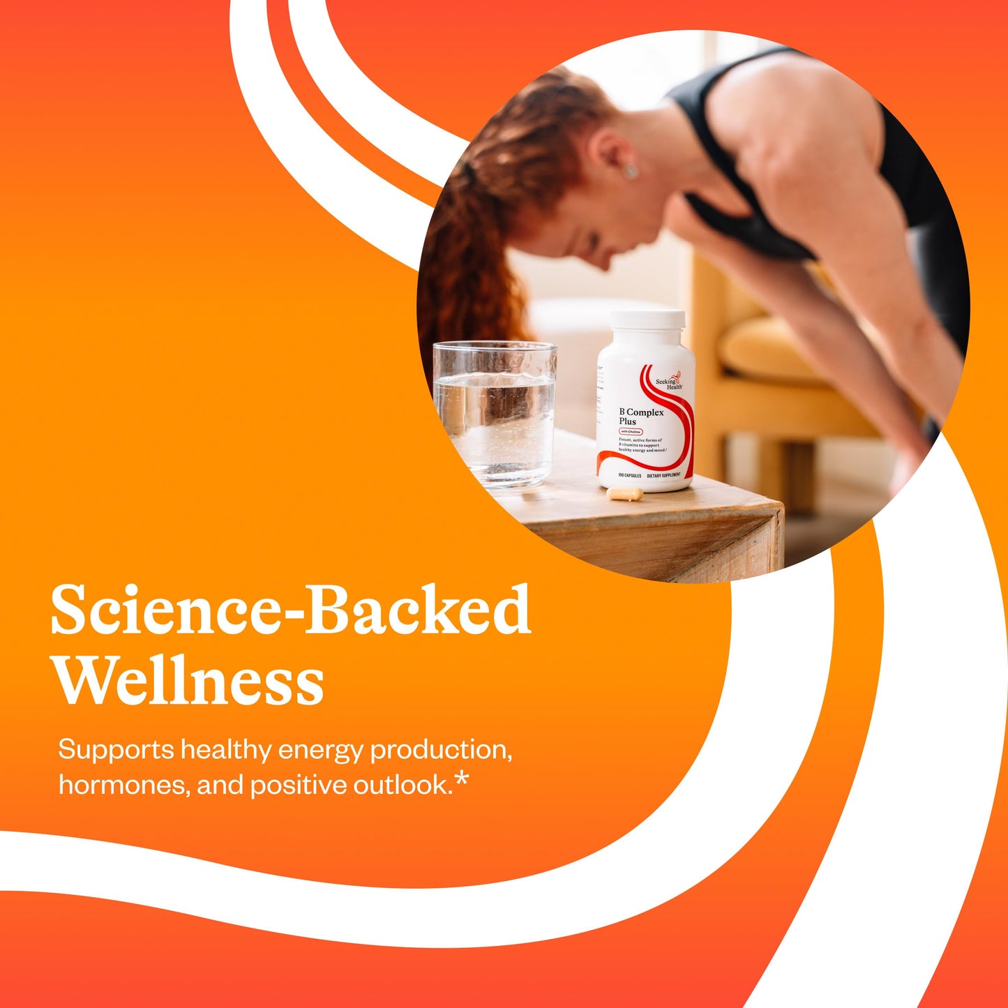 Seeking Health B Complex Plus supplement facts panel highlighting methyl folate and choline content.