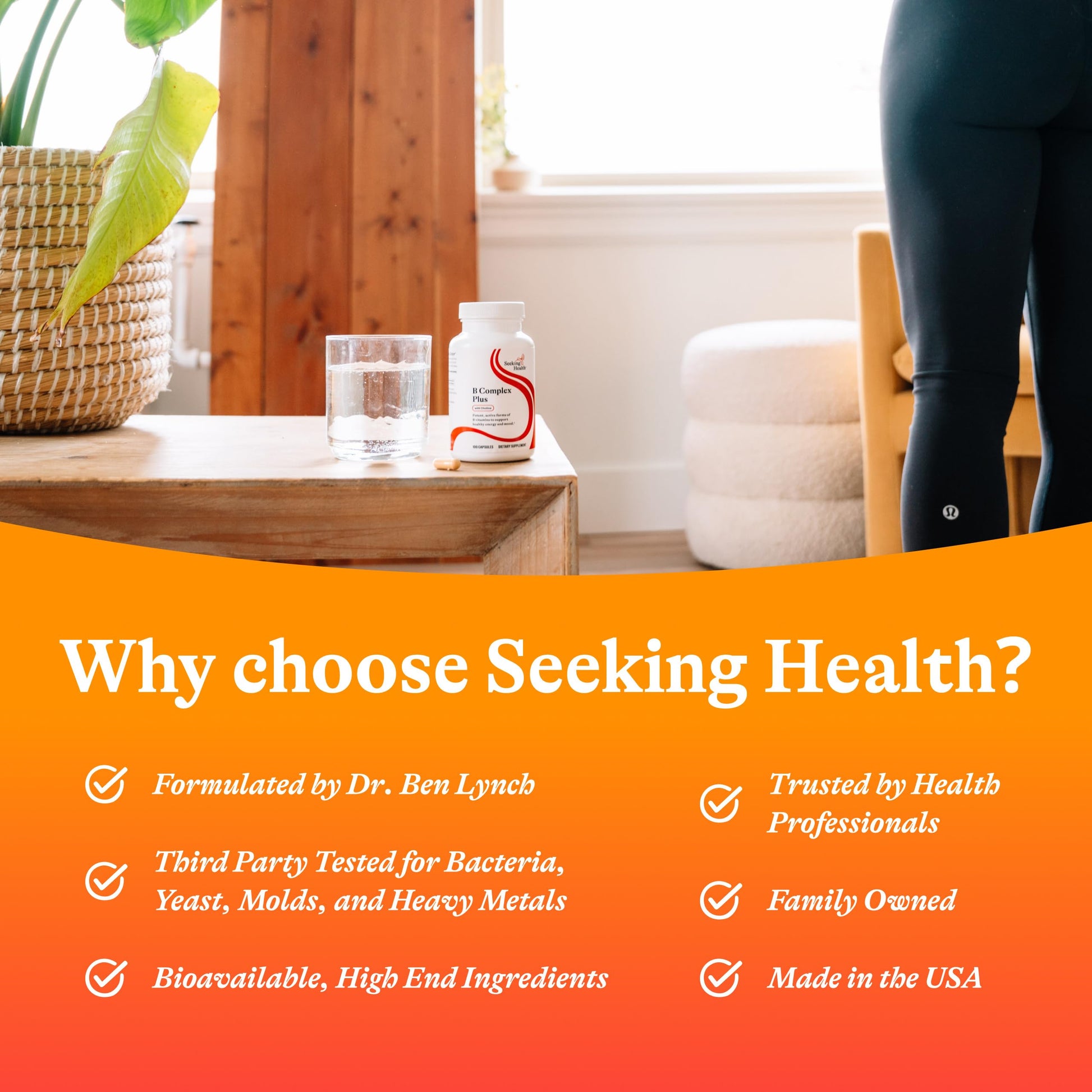 Seeking Health B Complex Plus capsule size demonstration for easy daily swallowing context.