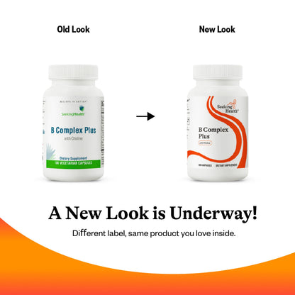 Seeking Health B Complex Plus allergen free and non GMO certification markers on product packaging.