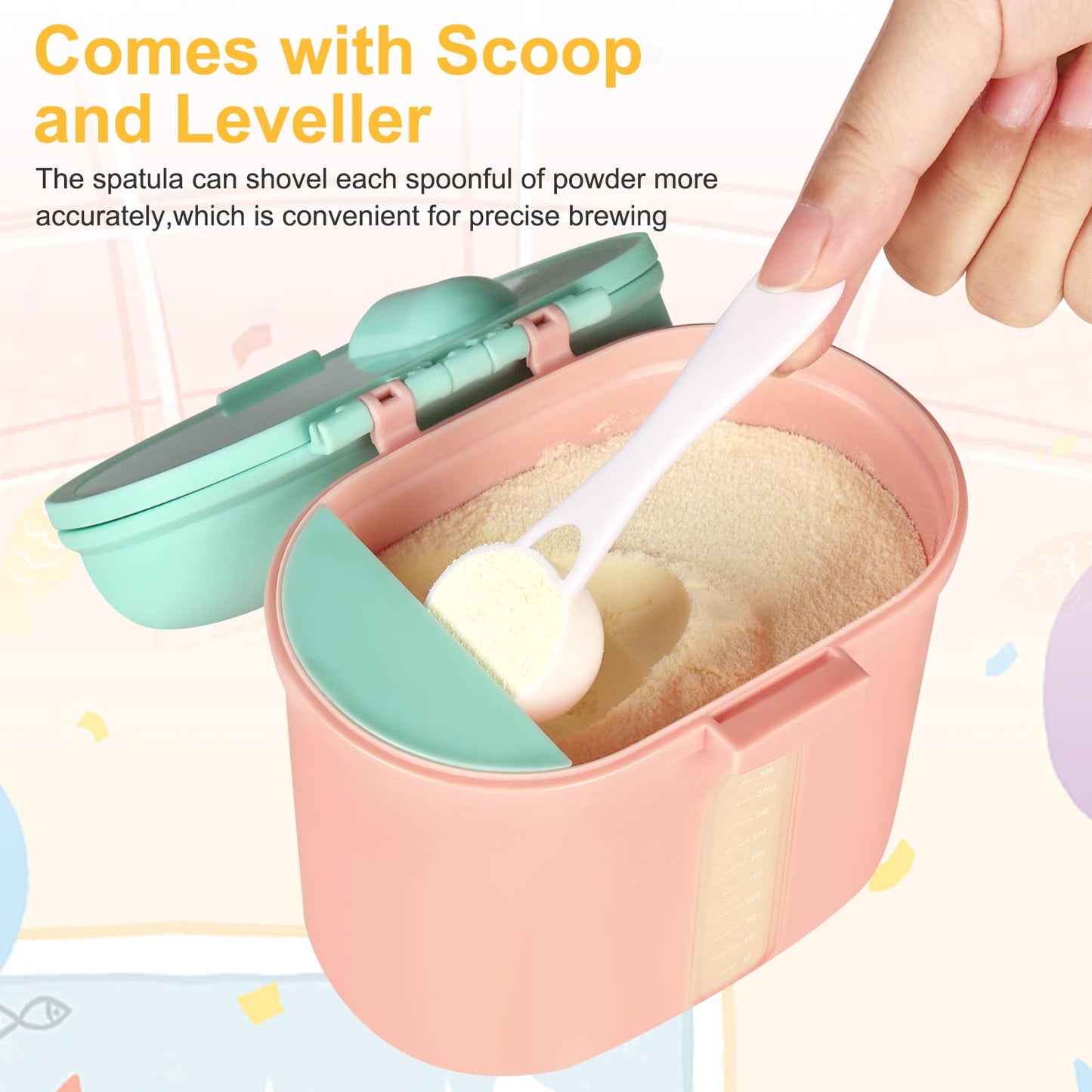 Pink Accmor portable travel dispenser being used to prepare a clean baby bottle