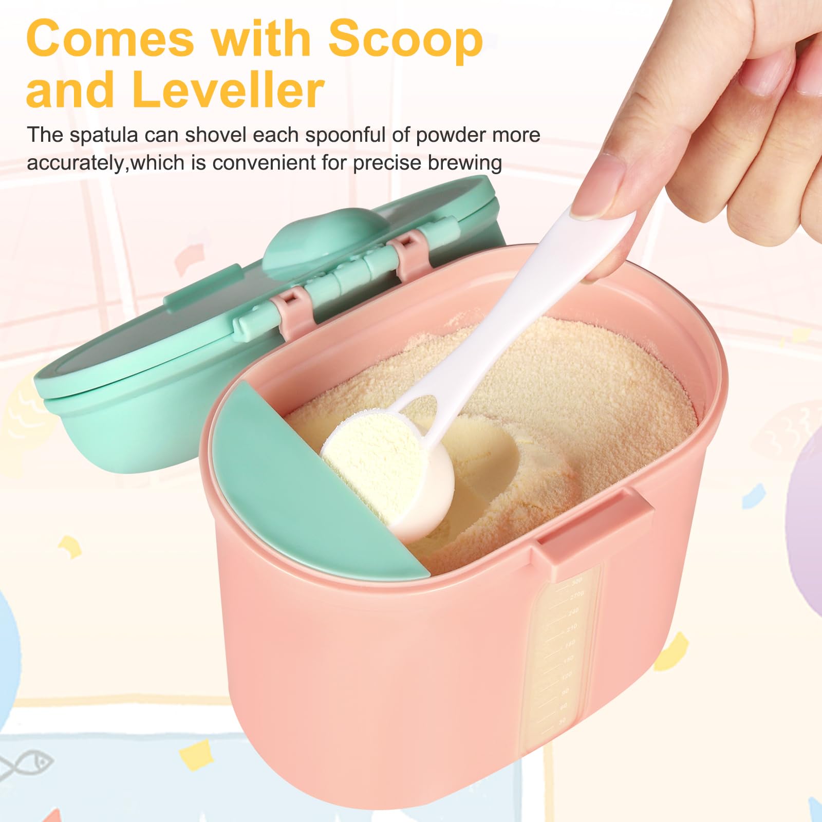 Pink Accmor portable travel dispenser being used to prepare a clean baby bottle