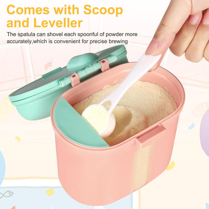 Pink Accmor portable travel dispenser being used to prepare a clean baby bottle