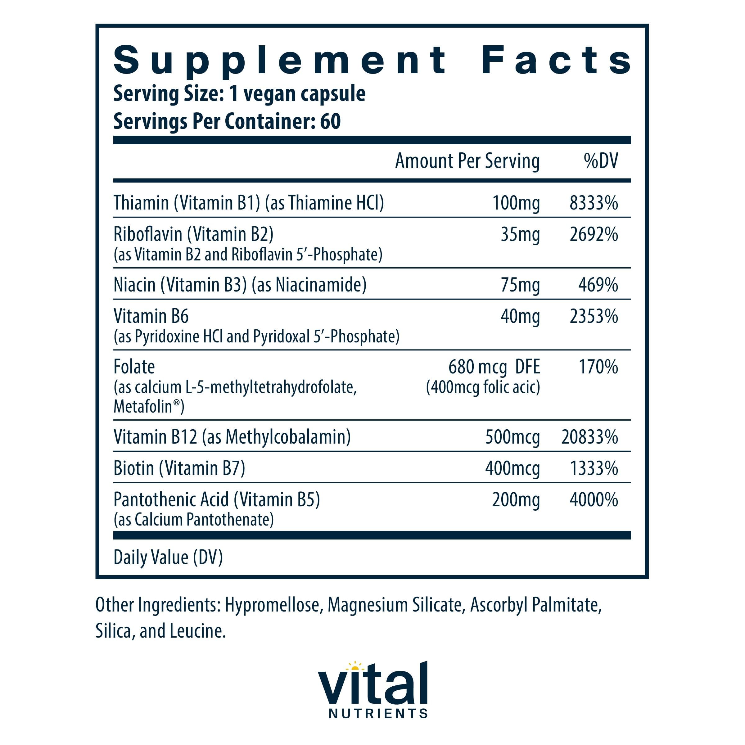 Vital Nutrients B Complex vegan high potency dietary supplement facts and ingredients list panel view